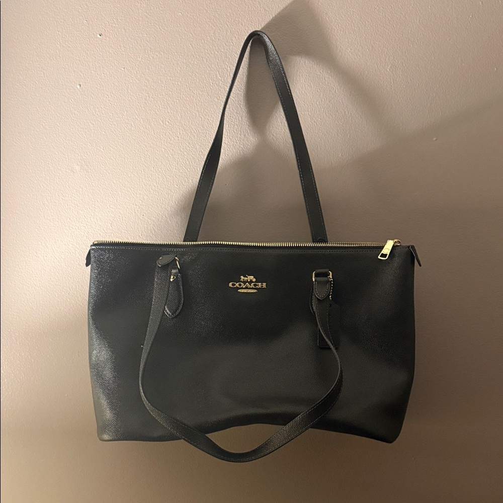 Coach Black Leather Tote with Gold Accents